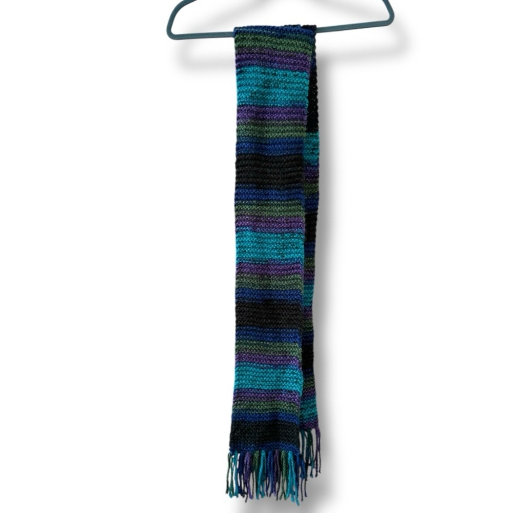 Handmade Multicolor Striped Knit Scarf Blue Green Purple Crochet